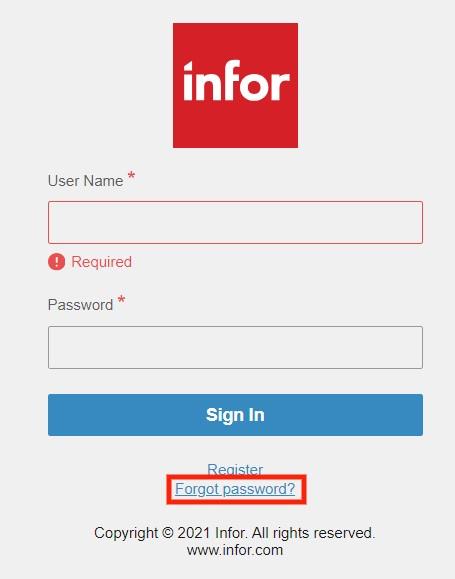 Forgot Password / login screen