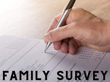 Hand filling out survey form.  Words Family Survey across screen