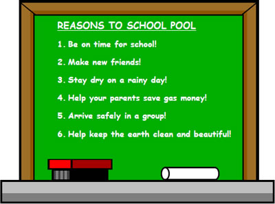 Reasons to School Pool: be on time, make friends, stay dry, save gas, arrive safe, environment Reasons to School Pool: be on time, make friends, stay dry, save gas, arrive safe, environment