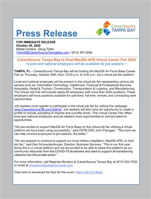 CareerSource Tampa Bay to Host MacDill AFB Virtual Career Fair 2020 