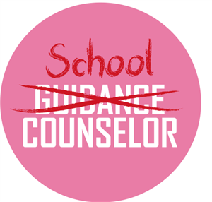 Circular Logo with three words School Guidance Counselor, guidance is crossed out in red. 