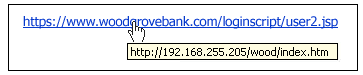 In the picture, notice that while the blue link says Wood Grove Bank, the true url is pointed to 192.168.225.205/wood/index.h 