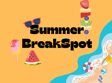  Yellow background with black text Summer BreakSpot and images of beach, sunglasses, and food